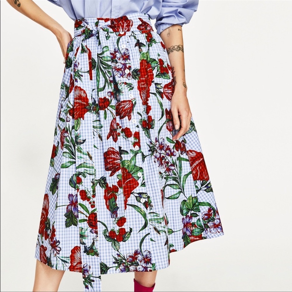 Zara Gingham Floral Print Midi Skirt